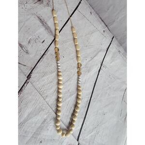 Natural Wood Beaded Necklace W/marble Gold Tone Embellishment And Chain